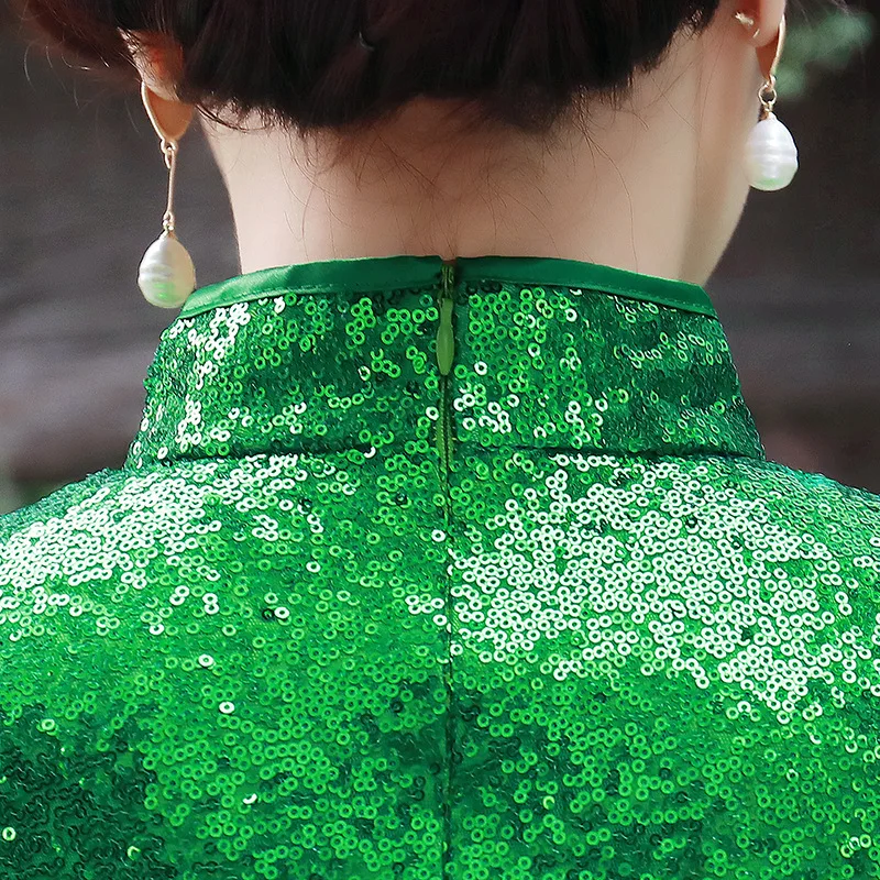 Китайский традиционный Чонсам лотоса блестки Cheongsam с коротким рукавом Cheongsam стройные Qipao показать Cheongsam Vestido плюс Размеры 5XL