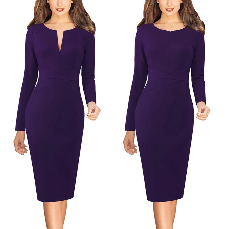 Vfemage женское облегающее платье с v-образным вырезом на молнии спереди, длинным рукавом, одежда для работы, деловые, офисные, вечерние, с принтом, облегающее платье-карандаш 671 - Цвет: Pure Purple