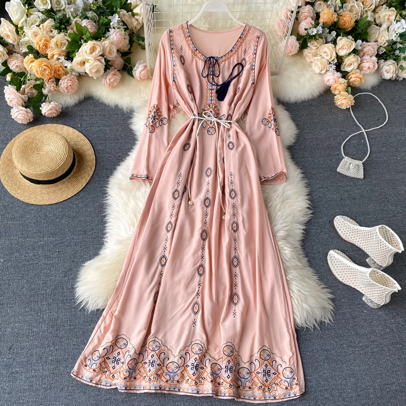 Neploe Indie Folk Vintage Embroidery Dress Fashion O-Neck Sashes Slim Waist Dresses Femme Loose Long Sleeve Mid-Calf Vestidos