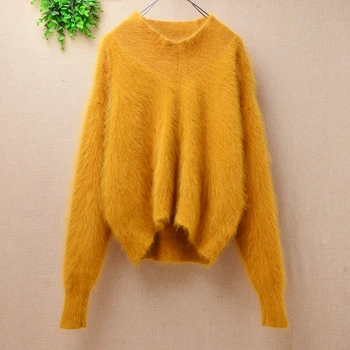 

ladies women fashion hairy angora rabbit fur knitted short style crop top v-neck loose pullover mink cashmere jumper sweater top