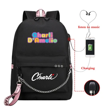 

2020 School Backpack for Teenage Girls Charli D'Amelio Bags Mochilas Mujer Women Rugzak USB Charger Laptop Back Pack Men Plecak