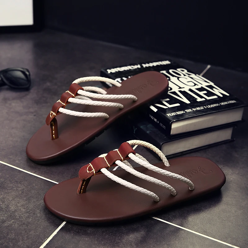 2021 New Weaving Genuine Leather Men Slipper Anti-slip Beach Flip Flop Soft Summer Sandals High Quality Hombre Casual Shoes | Обувь