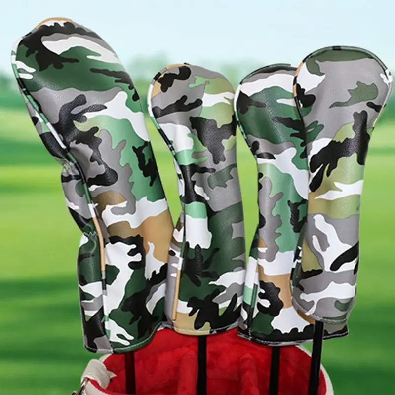 

4 Pcs Portable Golf Club Headcovers Camouflage Pattern PU Waterproof Putter Cover Set Vintage Simple Design Sports