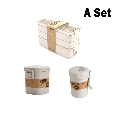 Beige SET Пшеничная соломенная Ланч-бокс из здорового материала с сумками, переносные бэнто-боксы, посуда для микроволновой печи, контейнер для хранения еды, Штабелируемая коробка - Цвет: Beige SET