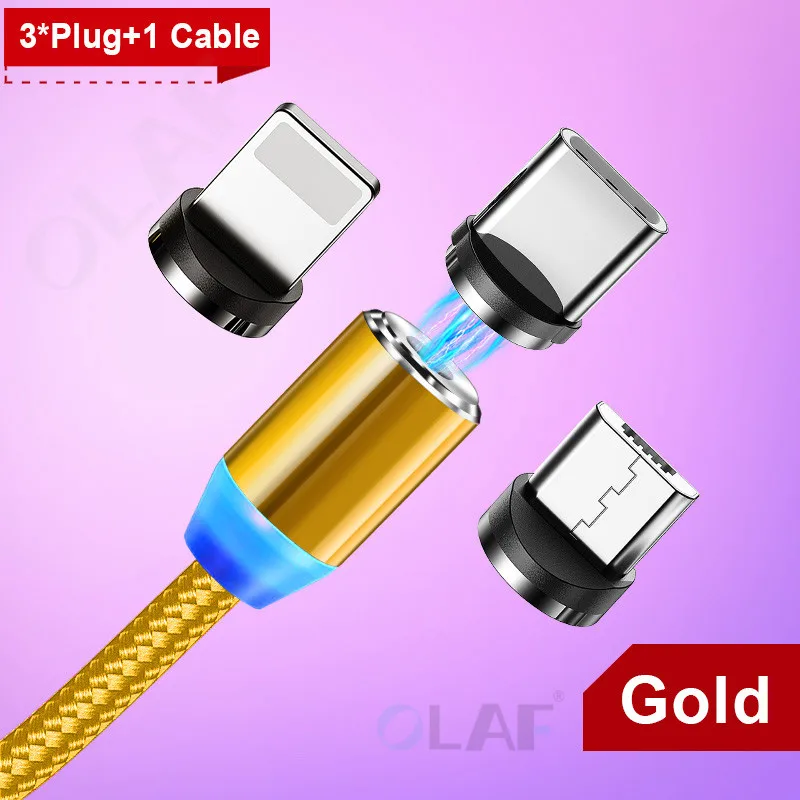 Магнитный usb-кабель Олаф для быстрой зарядки, кабель Micro USB type C, Магнитный зарядный кабель для мобильного телефона, usb шнур для iPhone X 7 samsung - Цвет: 3Plug 1Cable Gold