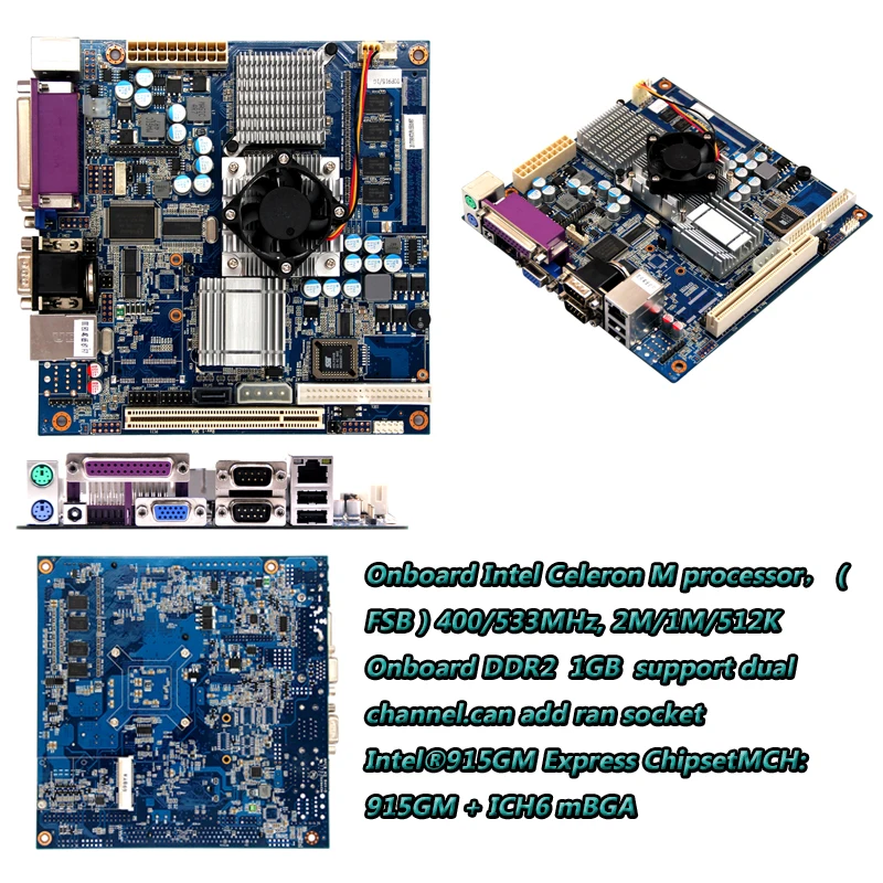 Дешевая материнская плата Mini ITX Celeron M processos на 1 ГБ ddr2 2* com 2* SATA LPT 6 USB 2,0 1* MINI-PCIE промышленные материнские платы