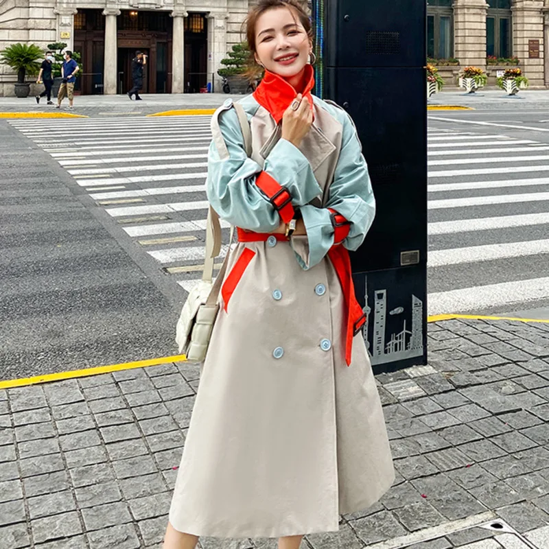

2020 Windbreaker Female Design Stitching Color Mid-length Spring Autumn Fashion Casual Womens Trench Coat Korean Clothes Abrigos