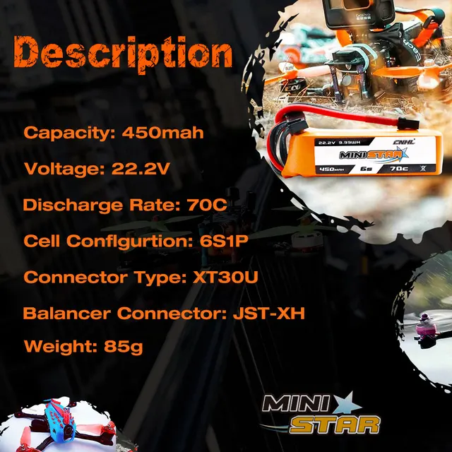 2PCS CNHL 6S 22.2V 450mAh Lipo Battery 70C Ministar With XT30 Plug For Mini Quad FPV Drone RC Quadcopter Helicopter Airplane 2