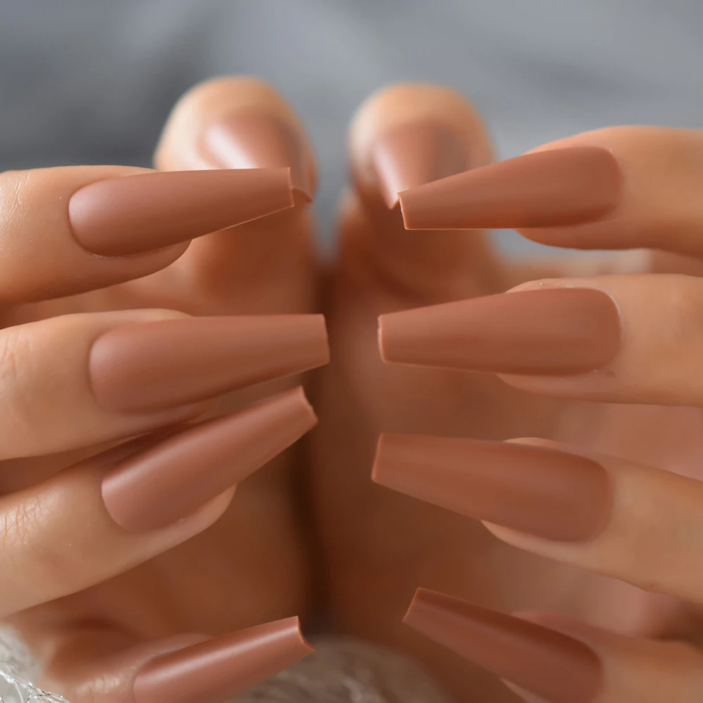 Brown Color Coffin Shape False Nail Tips Matte Full Covered Fake Nail  Coffin Acrylic Nails Wholesale With Adhesive Tabs|False Nails| - AliExpress