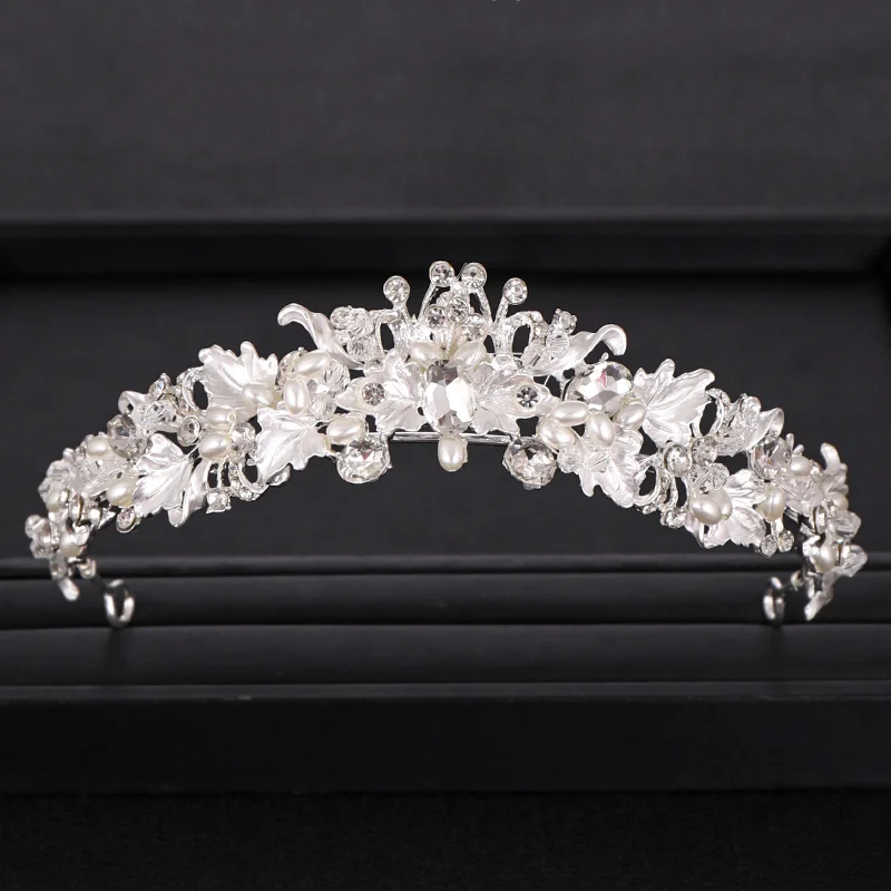 Серебристый Trendy rhinestone pearl crystal crown headband flower bride hair accessories gold crown bride wedding crown hair accessories - Окраска металла: Серебристый