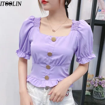 

ITOOLIN 2020 New Summer Blouse Solid Square Collar Tops High Waist Slim Fit Shirts Puff Sleeve Ruffled Women Sexy Blouse Top