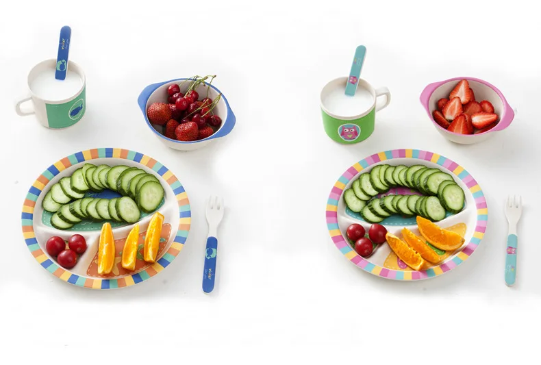 5 шт./компл. детская посуда для кормления с героями мультфильмов детская Экологичная посуда из бамбукового волокна с чашей Вилка чашка ложка тарелка
