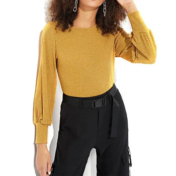 

Women Release Slim Solid Color Sweaters Cotton Blend Lantern Sleeve Simple Casual Round Neck Long Sleeve Knit Pullover Sweater