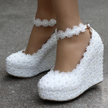 

2019 new White Wedges Wedding Pumps Sweet White Flower Lace Pearl Platform Pump Shoes Bride Dress High Heels