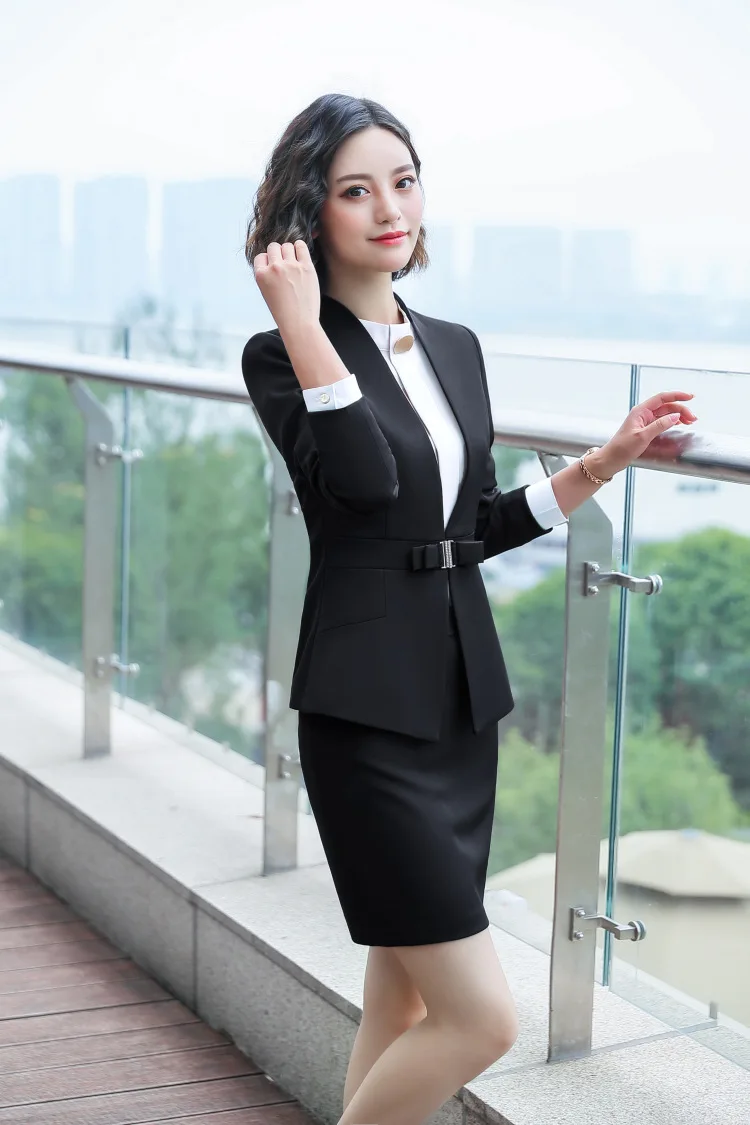 black coat and skirt IZICFLY, осень, весна, новинка, 2 предмета, брюки и куртка, серый костюм, Женская рабочая одежда, элегантный, деловой, женский, офисный, брюки, Блейзер, набор - Цвет: black coat and skirt