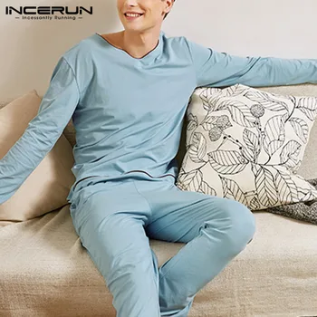 

INCERUN 2020 Men Leisure Pajamas Sets Long Sleeve V Neck Tops Nightwear Long Pants Homewear Solid Comfortable Men Sleepwear Suit