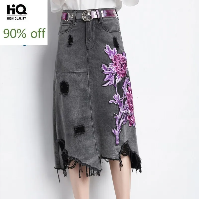 Женские джинсовые юбки с завышенной талией цветочной вышивкой и дырками модные