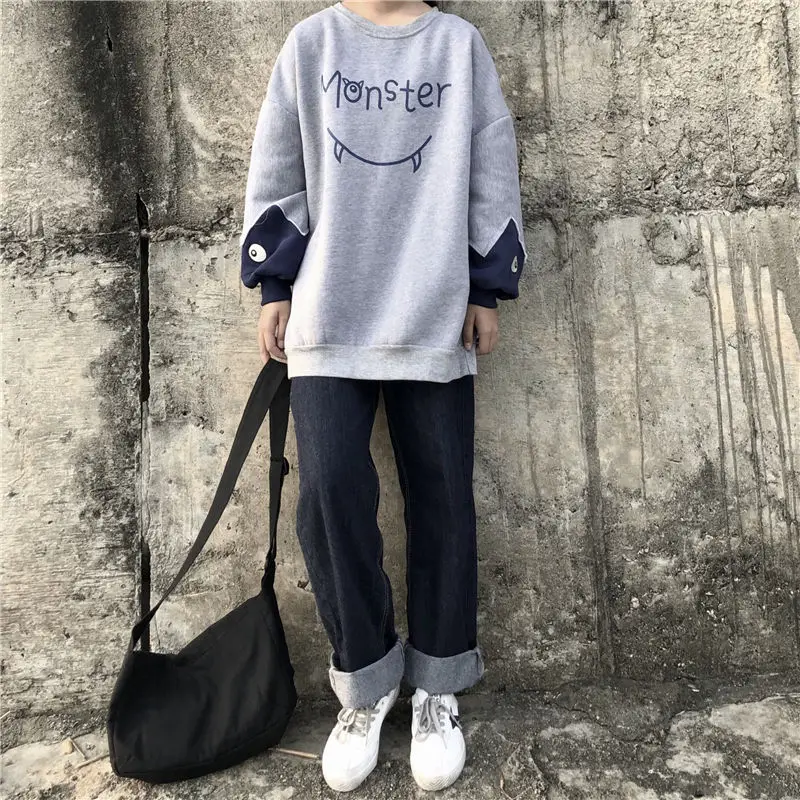 NiceMix/Женские флисовые толстовки с принтом монстра для девочек; сезон весна-осень-зима; женские топы в стиле пэчворк; милые женские пуловеры с круглым вырезом