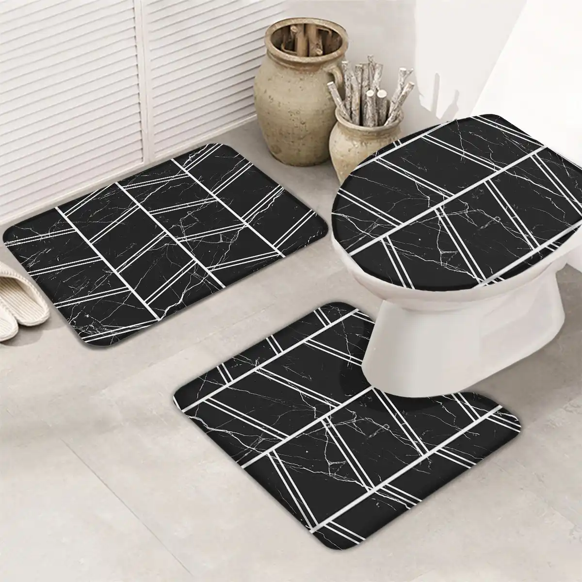 Black Marble Texture With White Stripes Bath Set Toilet Cover Mat Pedestal Rug Non Slip Bathroom Rug Set Aliexpress
