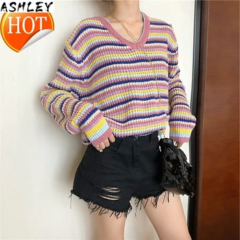 

New Arrival Autumn Whorl V-neck Pure Color Hollow Out Jacquard Weave Pullover
