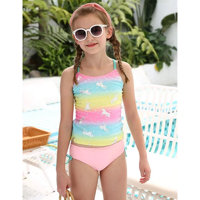 US $10.63 Swimsuit for Girls Two-piece Tankini Swimsuit Children Girls Colorful Unicorn Printed Swim Tops Bri