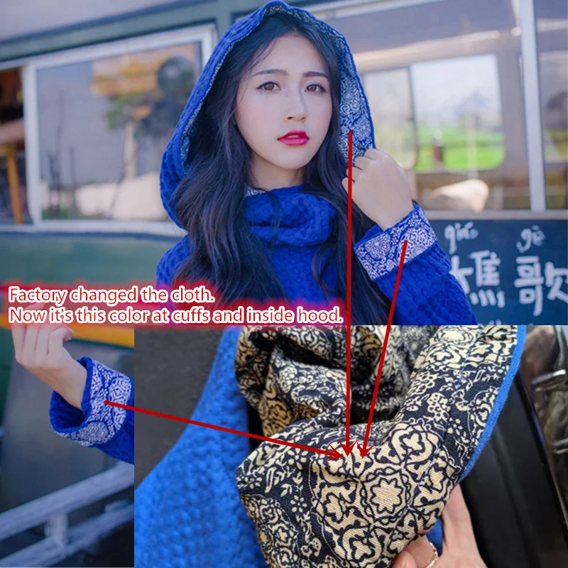 Autumn winter long maxi dresses plus size women vintage blue white porcelain cuffs patchwork hooded witch sorceress poncho robes