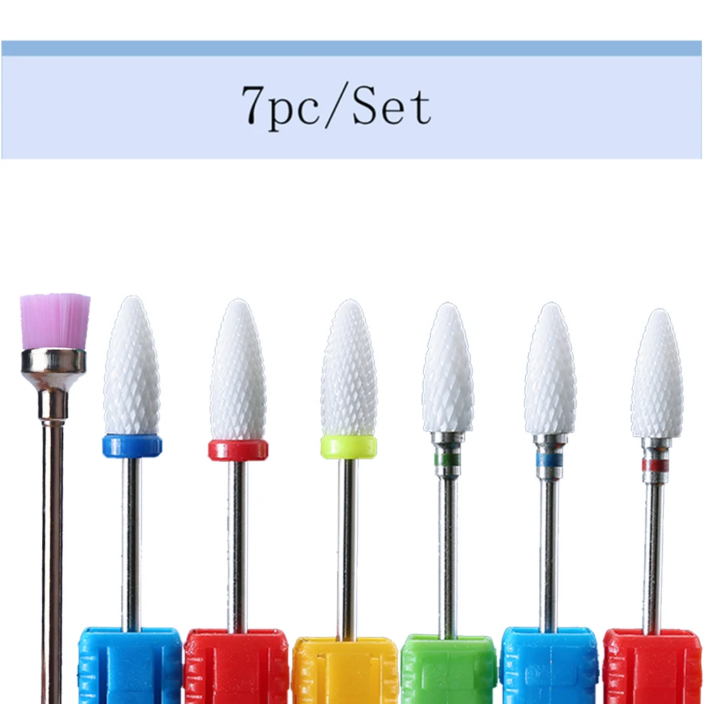 7PC Ceramic Tungsten Steel Nail Art Drill Bit Set Polishing Milling Cutter Cleaning Burr Electric Nail Machine Accessories
