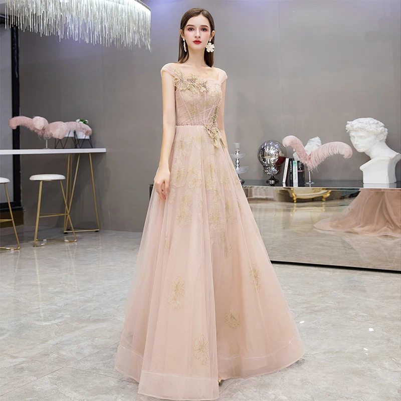 SSYFashion/Новое романтическое бежевое розовое вечернее платье с блестками и кружевной аппликацией, длина до пола, вечерние платья на заказ, Vestidos De Noche - Цвет: Floor Length