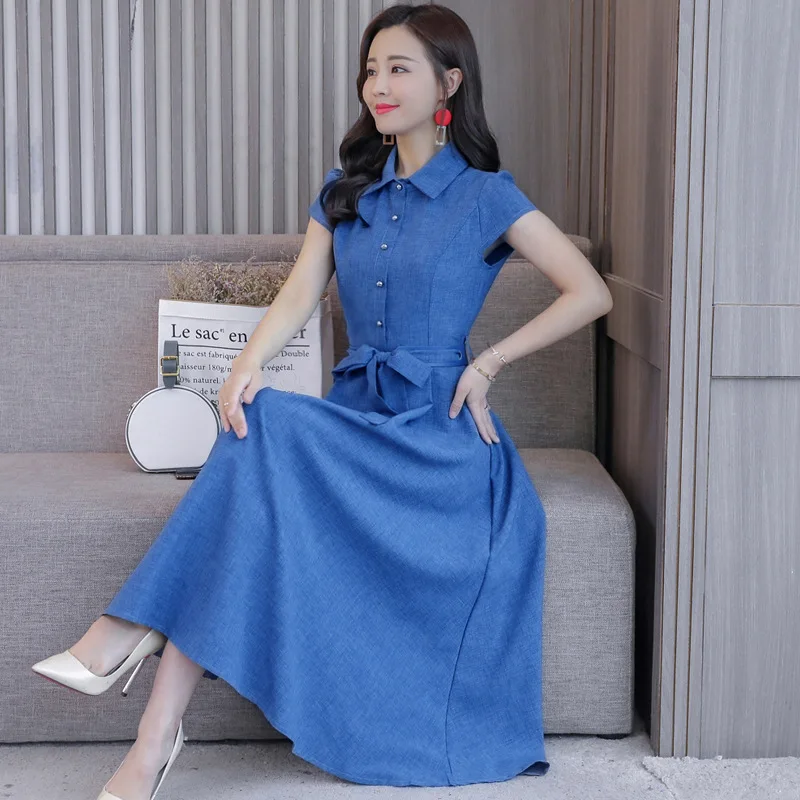 

2019 Summer Wear New Style Korean-style Slim Fit Slimming Mid-length Women's Short Sleeve Shirt Cotton Linen Dress