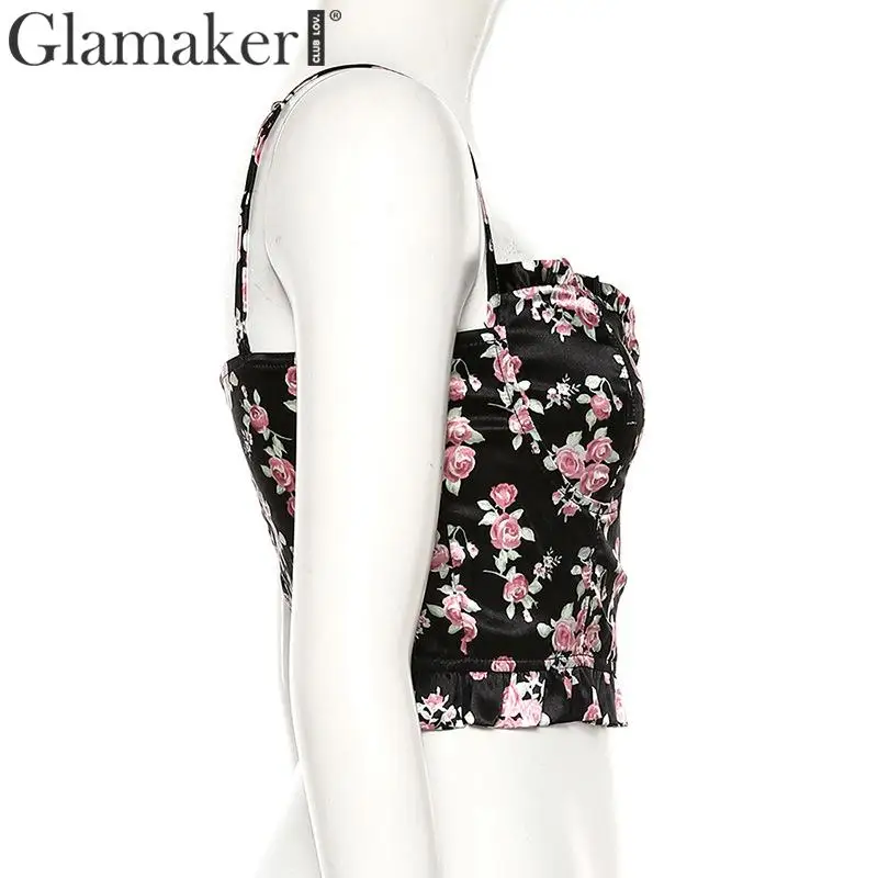 Glamaker Backless floral print bodycon black crop top Women sleeveless slim festival cami Female sexy party club short tank top