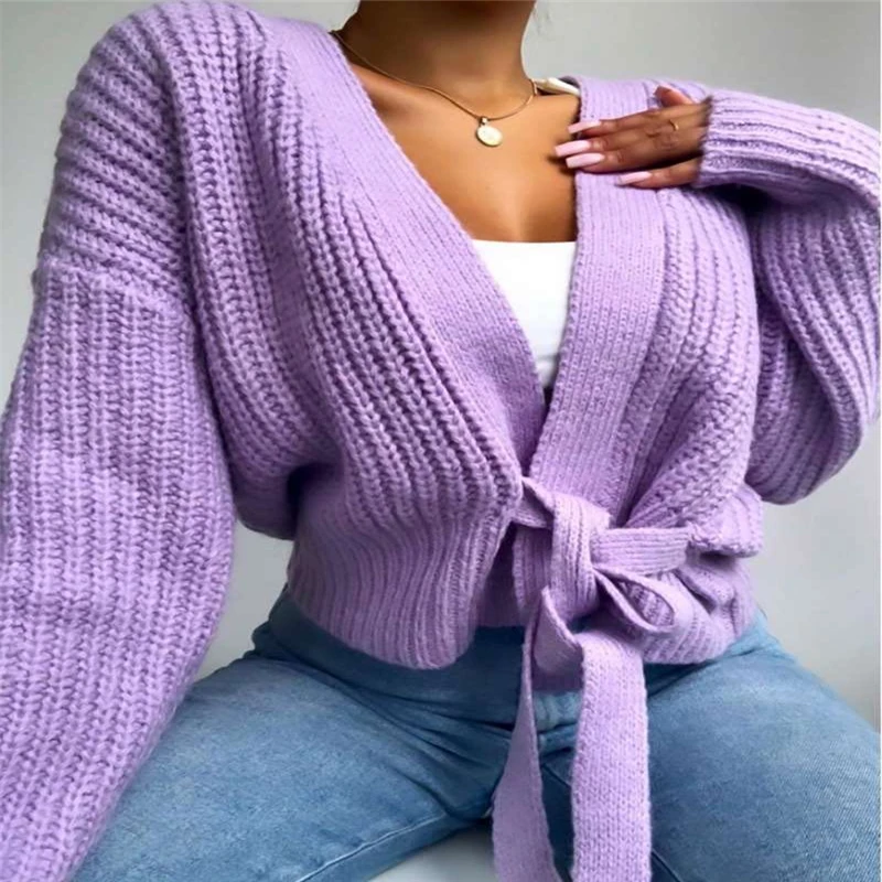 

FUFUCAILLM New Women's Sweater Solid Color V-Neck Lace Up Bow Jumpers Lattern Sleeve Loose Cardigan Female Autumn Knitted Coat
