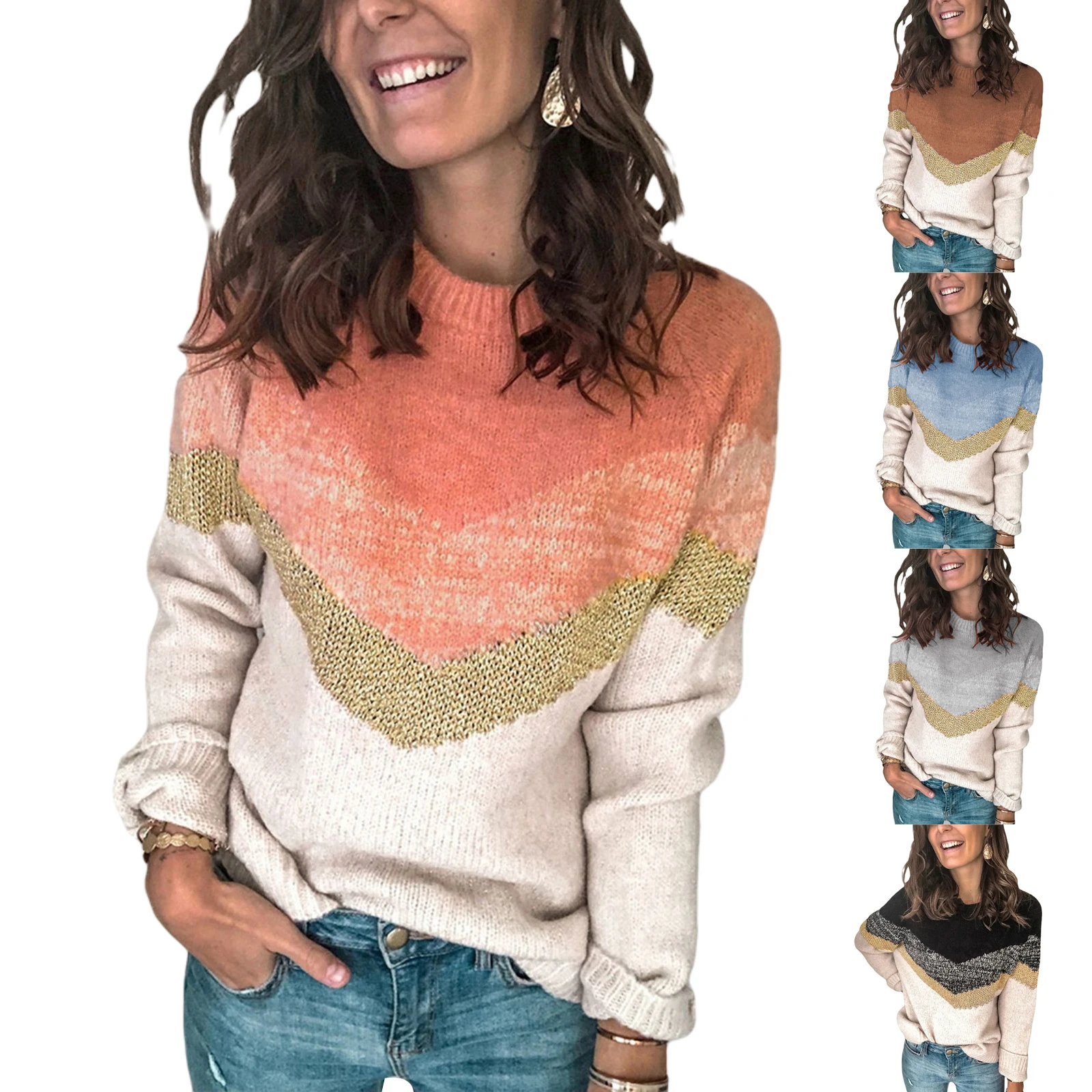 

FY Women Color Block Sweater Autumn and Winter Casual Style Raglan Sleeve Round Neck Pullover Loose Clothing Sweaters