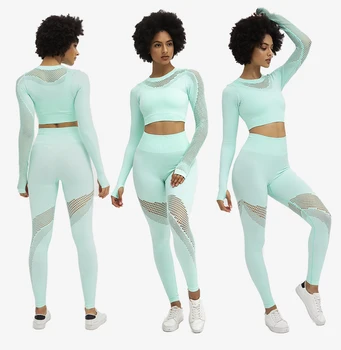 

Women Yoga Sets Fitness Clothing Sportwear Outfits Long Sleeve Shirts Mesh Seamless Leggings Gym Sport Suits Woman Running,ZF360