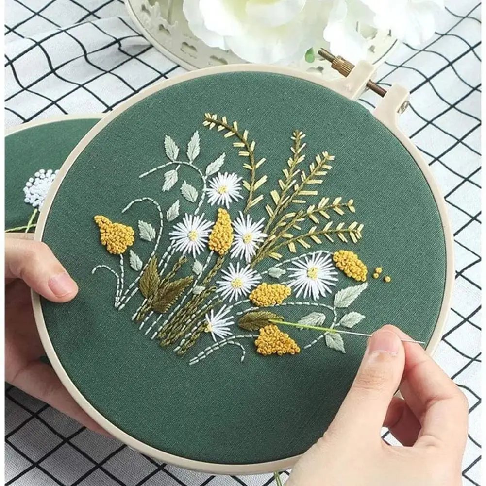 DIY Flowers Plants Pattern Embroidery Kit Needlework Tools Printed Embroidery Fabric Round Kit DIY Sewing Craft