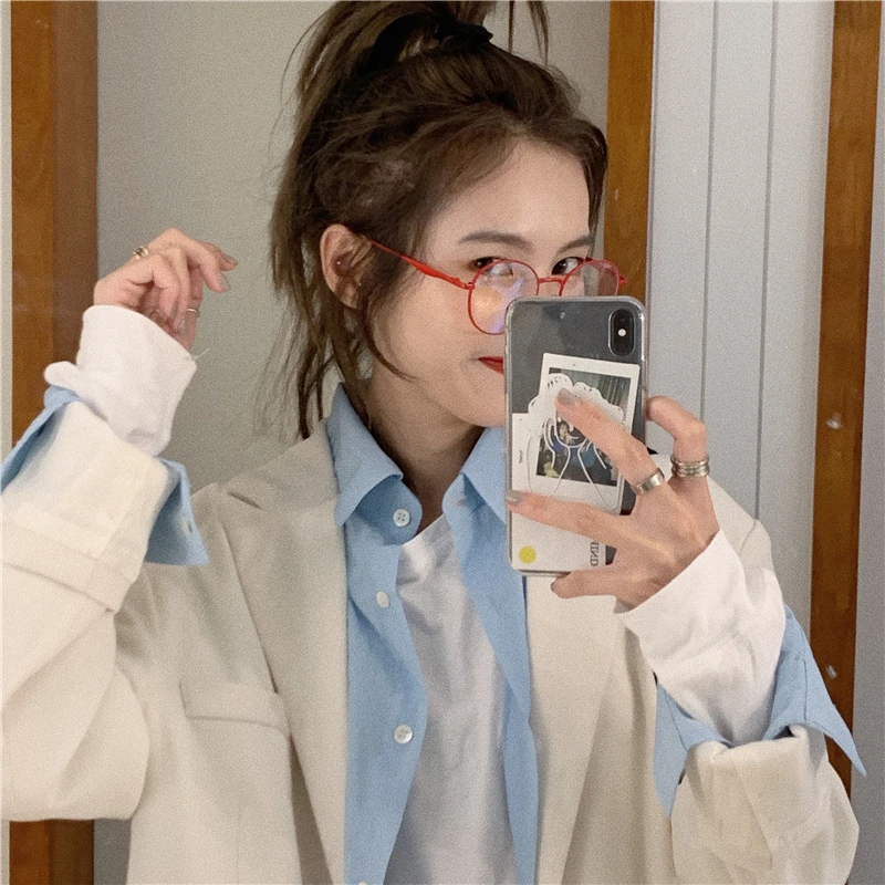 Autumn Clothing Korean-style Wear Stacked Versatile Long-sleeved Shirt+ Loose-Fit Long Sleeve Pure T+ Loose-Fit Suit Jacket-St