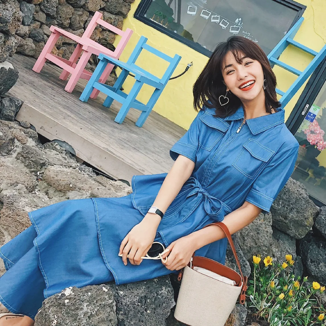 

Photo Shoot CHIC Cowboy Mid-length Fold-down Collar Waist Hugging Lace-up by Age College Style BF Workwear Cake Dress Women's Su