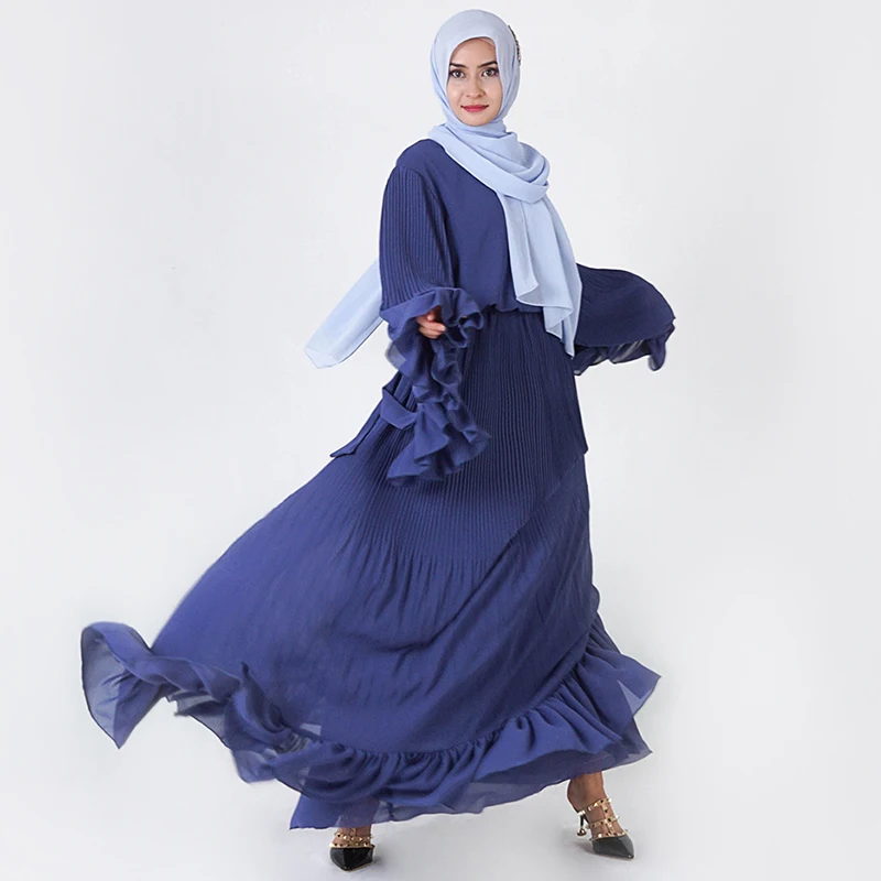 blue dress Siskakia качественное шифоновое длинное платье модное Плиссированное Двухслойное Шифоновое Платье макси с оборками в стиле пэчворк с расклешенным длинным рукавом - Цвет: blue dress