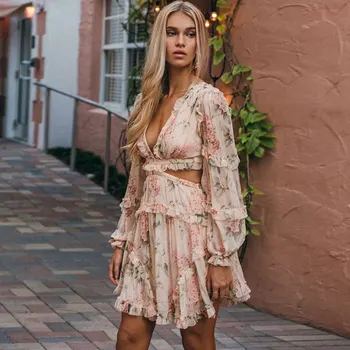 

Sexy Print Dress Female Chiffon V Neck Hollow Out Lantern Sleeve High Waist Mini Dresses Summer Fashion Sweet New 2020