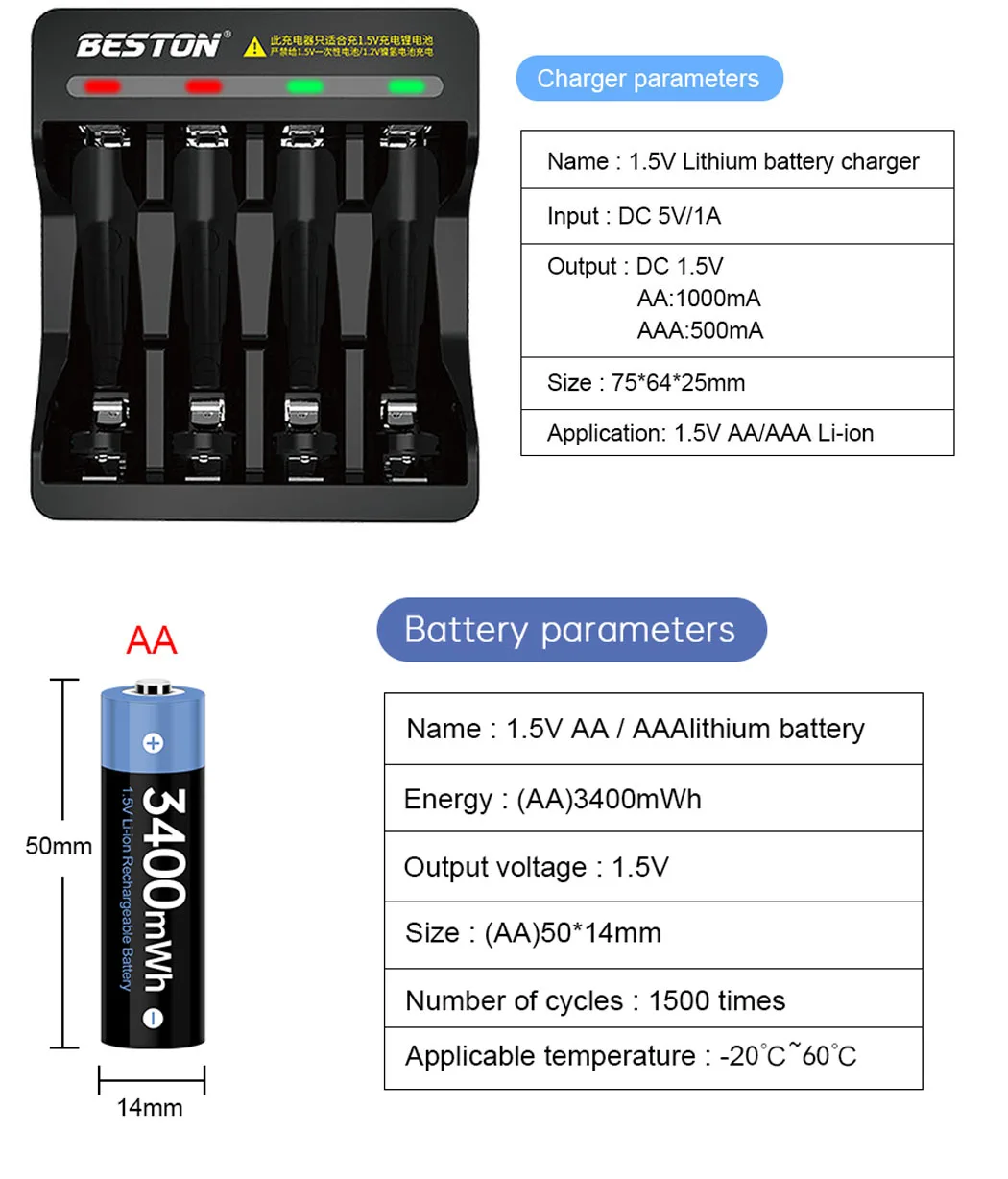 Li-ion do aa das Batterias da Bateria Recarregável do aa Recarregável da Câmera 1.5v do aa de 3400mwh para a Bateria aa do rc Bateria Recarregável aa 1.5v - Image 5