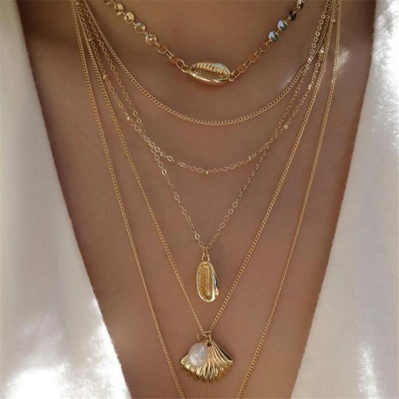 

docona Gold Sequin Shell Scallop Pearl Pendant Boho Necklaces for Women Girl Multi-layer Necklaces Beach Outfits Jewelry C19408