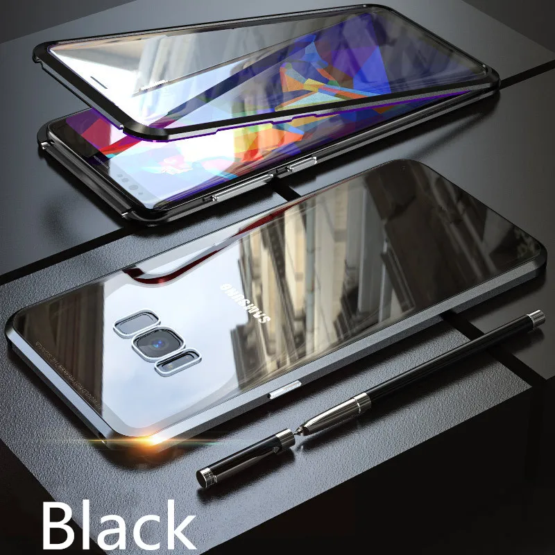360 полный защитный Магнитный чехол для samsung Galaxy Note 10 S10 S10e S10 Plus 5G S8 S9 Plus Note 8 9 двухстороннее закаленное стекло - Цвет: Black and Black