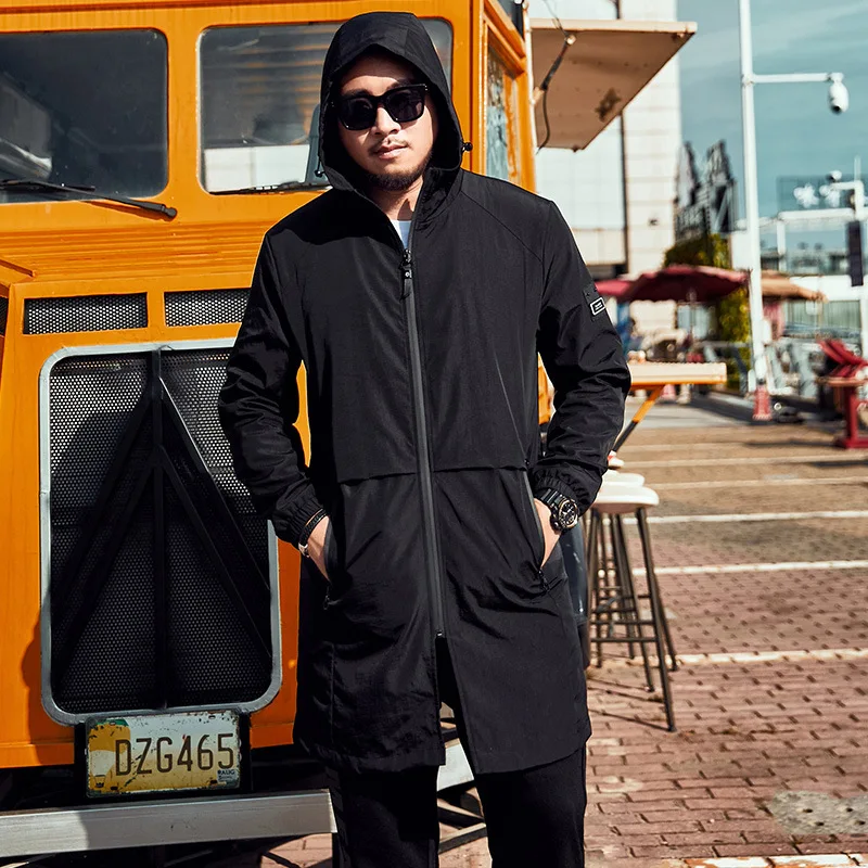 

2019 Autumn And Winter New Style Men Printed Jacket Plus-sized Hooded Long Versatile Large Size MEN'S Trench Coat