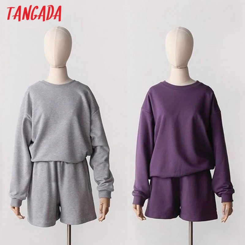 Tangada 2020 Women's sents cotton suit 2 pieces sets o neck hoodies sweatshirt shorts suits 6L32 Tangada 2020 Women's sents cotton suit 2 pieces sets o neck hoodies sweatshirt shorts suits 6L32