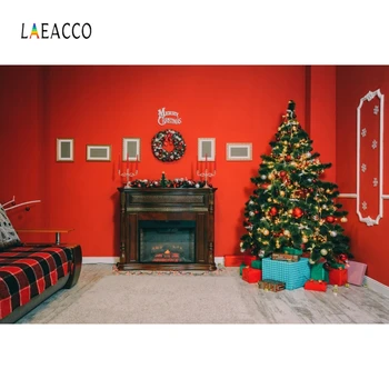 

Laeacco Christmas Backdrops Red Wall Fireplace Tree Wreath Gifts Sofa Photography Backgrounds Interior Photophone Photo Studio