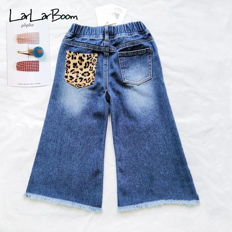 

LarLarBoom Girls Denim Pants Fashion High Waist Jeans Children Broad-legged Trousers Leopard Pocket Patchwork Baby Girls Jeans