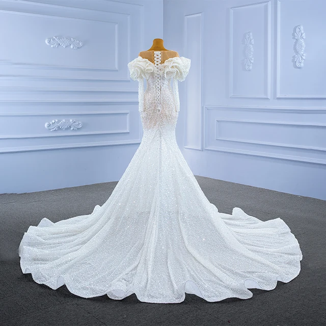 J67280 JANCEMBER White Sexy V-neck Wedding Dress Transparent Lace Puff Sleeve Frill Pearl Beaded Gown Robe De Soirée De Mariage 2