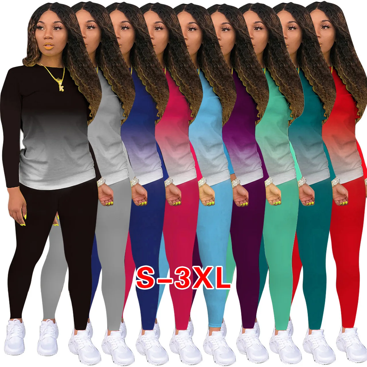 Casual Gradient Long Sleeve 2 Pieces Tracksuit Sets Women O Neck Top