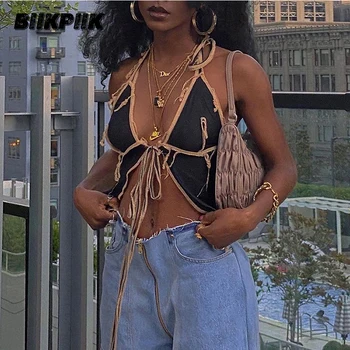 

BIIKPIIK Sexy Mesh Women Patchwork Bandage Tank Tops Sleeveless Halter Backless Sling See Though Clubwear Fashion Hot Street