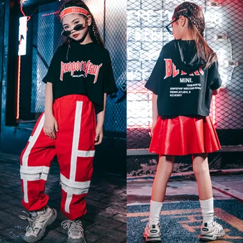 

Hip Hop Girls Jazz Dance Costume Black Hoodies Cropped Top Red Pant/Skirts Ropa Kids Modern Dancing Festival Stage Outfits 3885