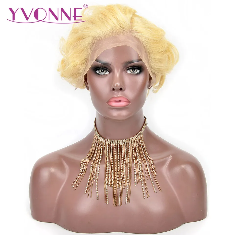 Парики YVONNE 613 блонд короткие вырезанные челкой 13x4 бразильские волнистые